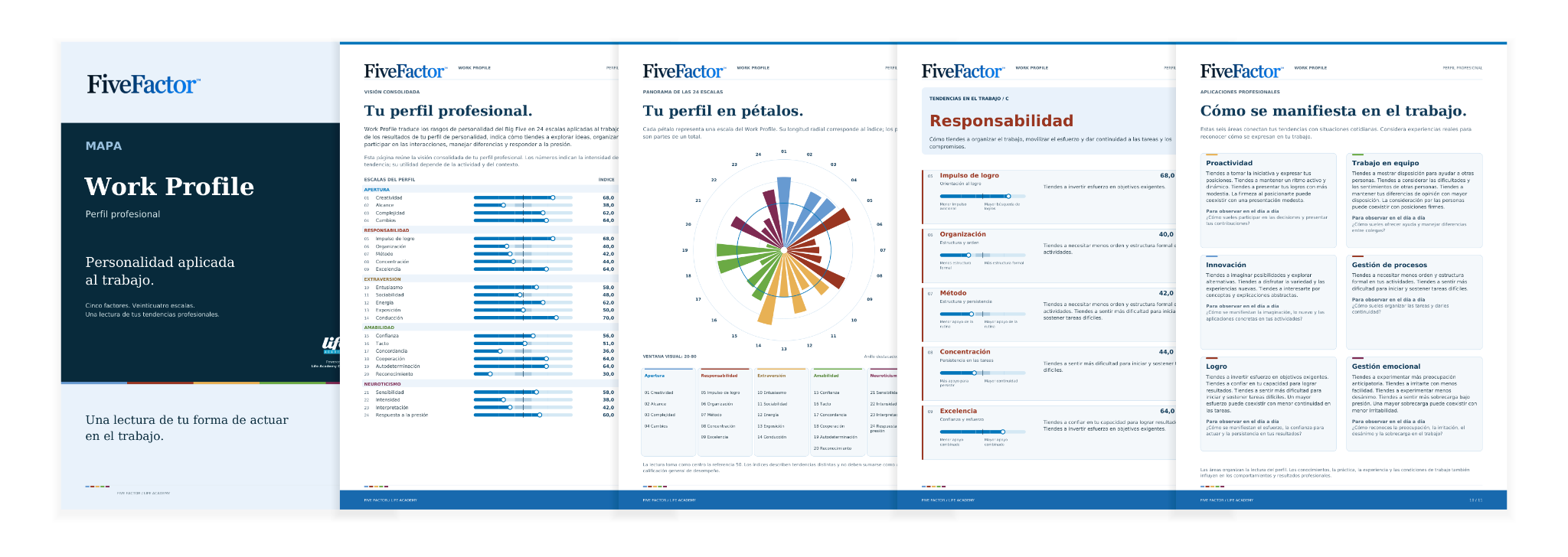 Portada y páginas de Work Profile con visión consolidada, gráfico de las 24 escalas, tendencias de Responsabilidad y aplicaciones en el trabajo